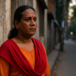 A Bangladeshi transgender woman standing in a narrow Dhaka alley at dusk, symbolizing resilience amid societal neglect